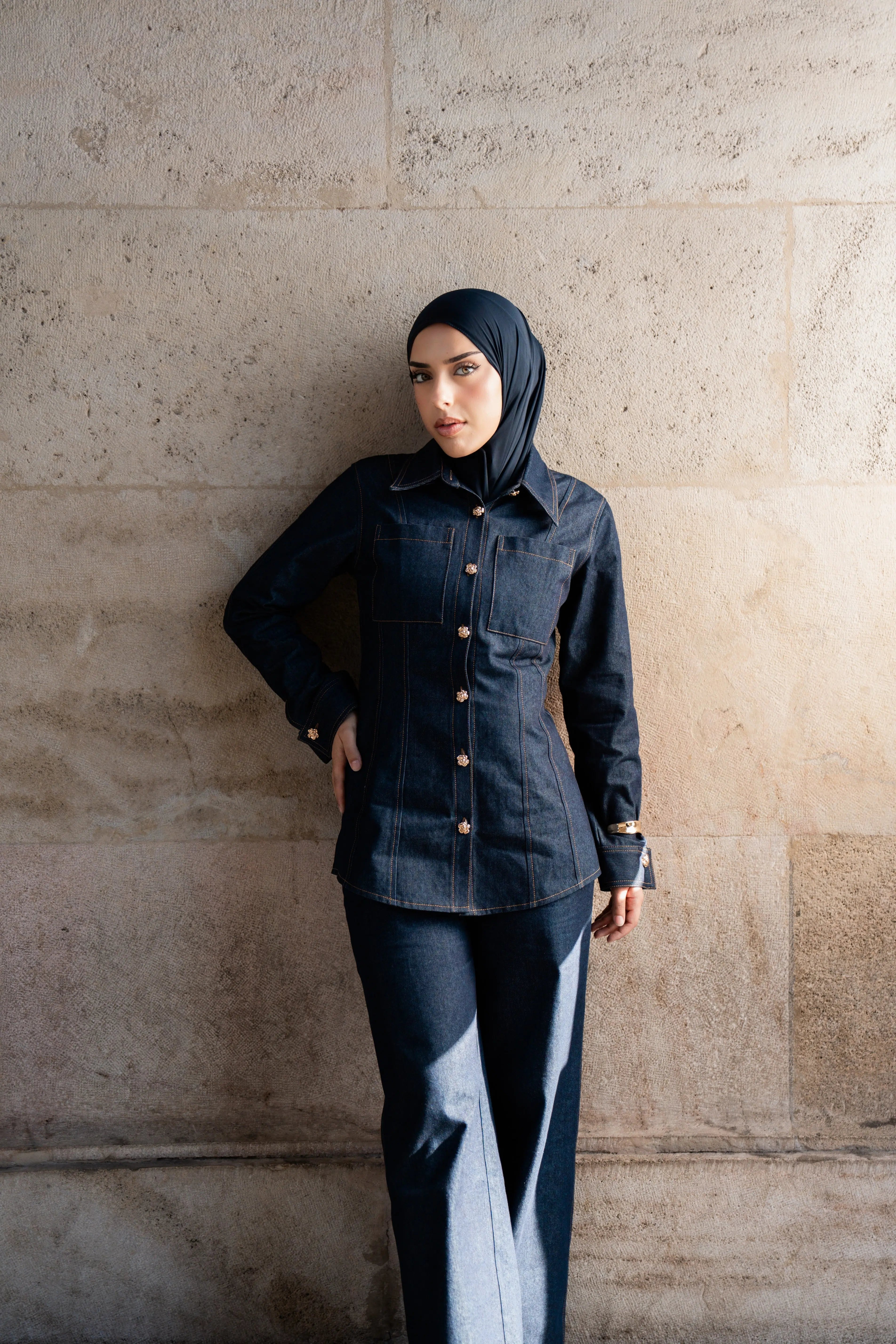 denim gold button shirt Losyana.Shop