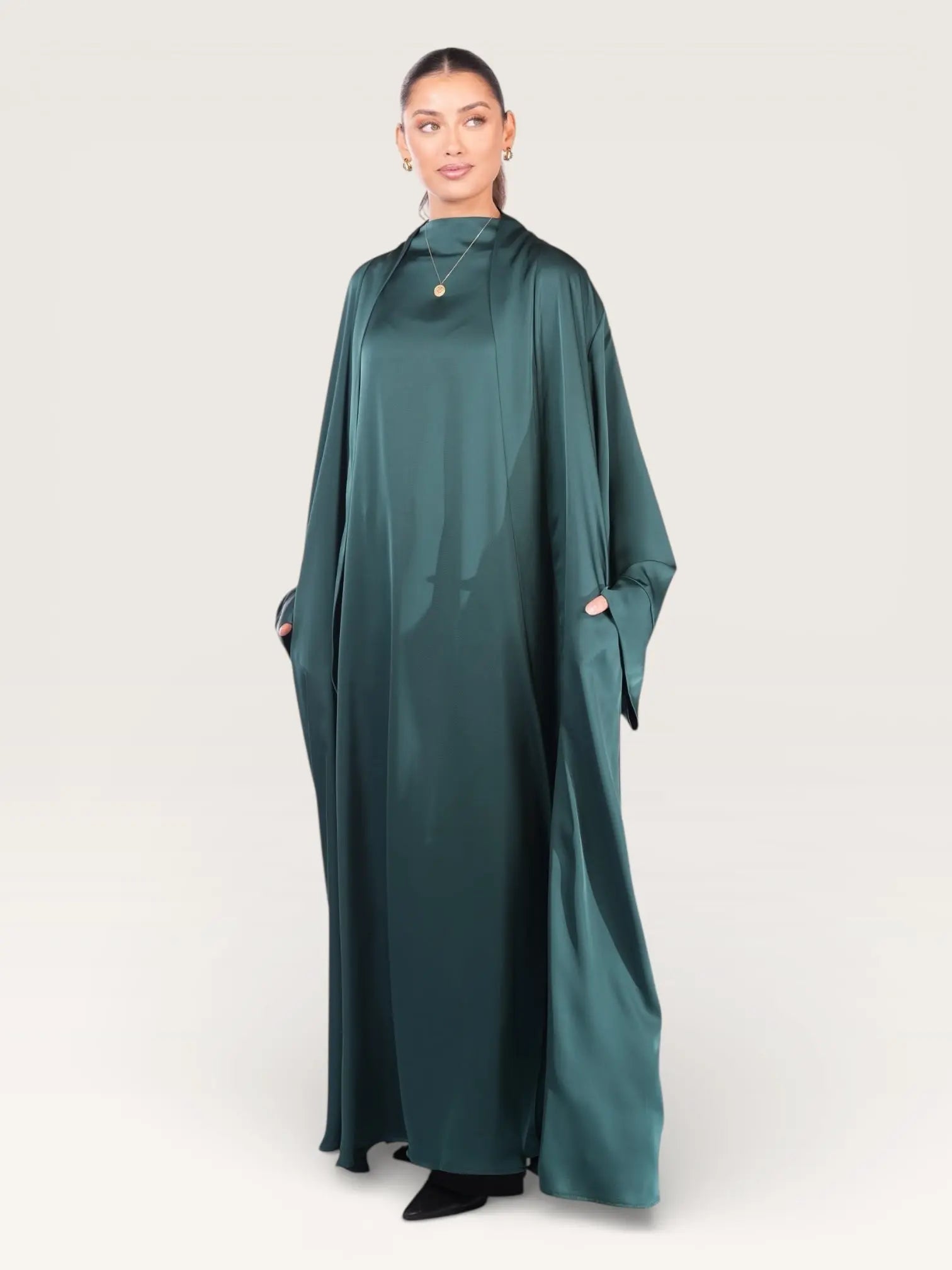satin kimono abaya - royal green