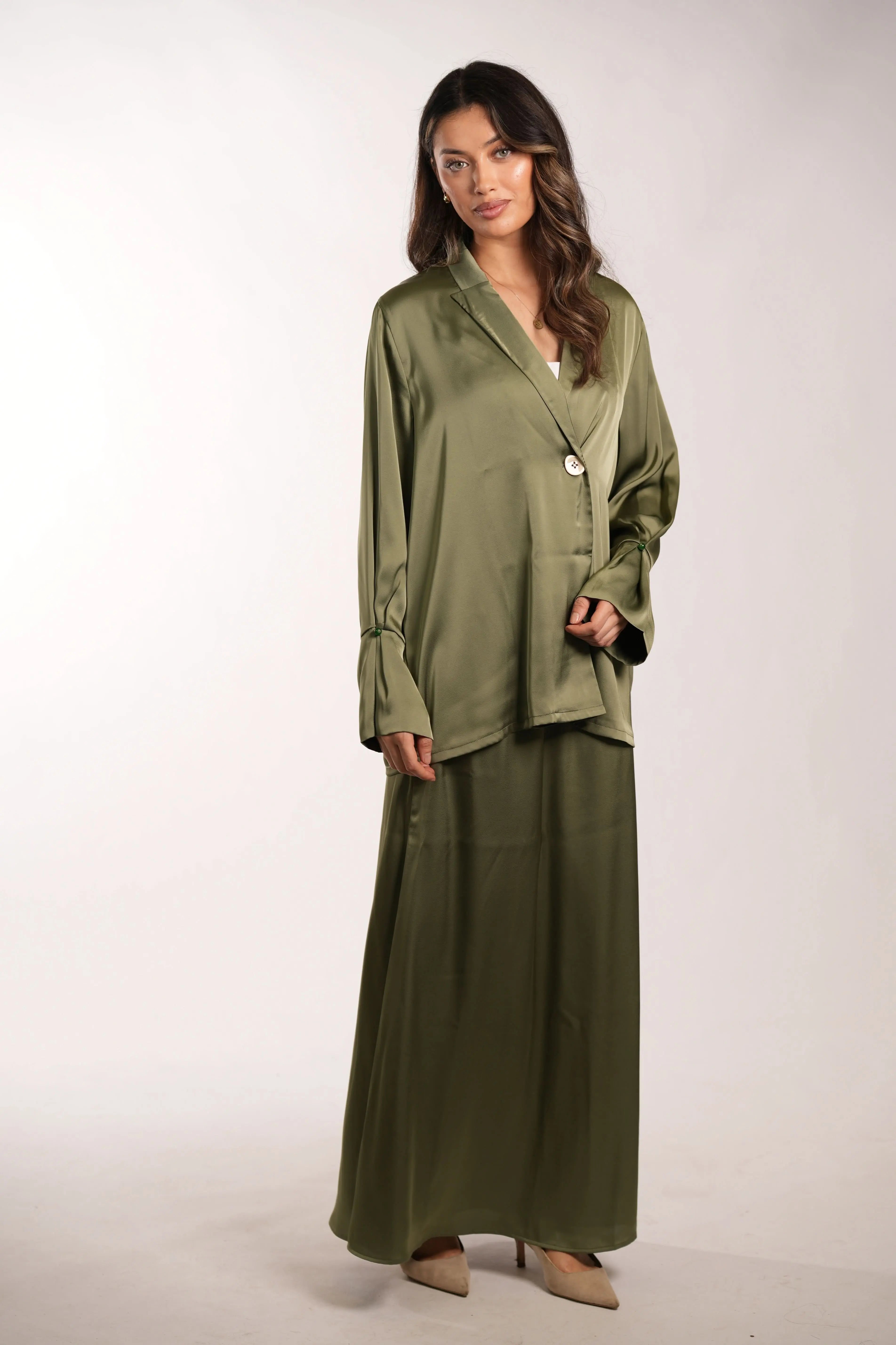 satin silk cardigan - olive Losyana.Shop