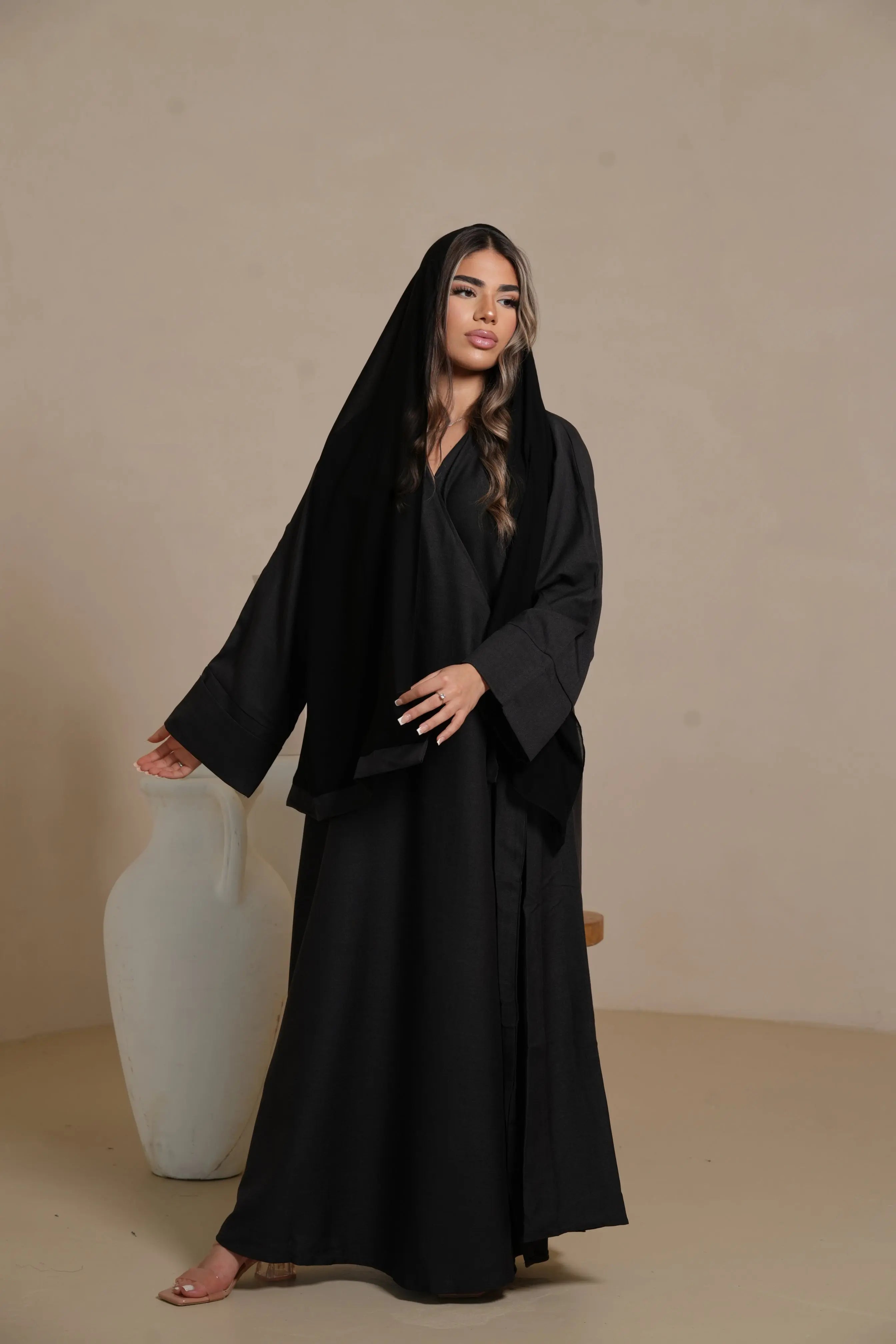 DXB Linen Abaya Cord - black Losyana.Shop