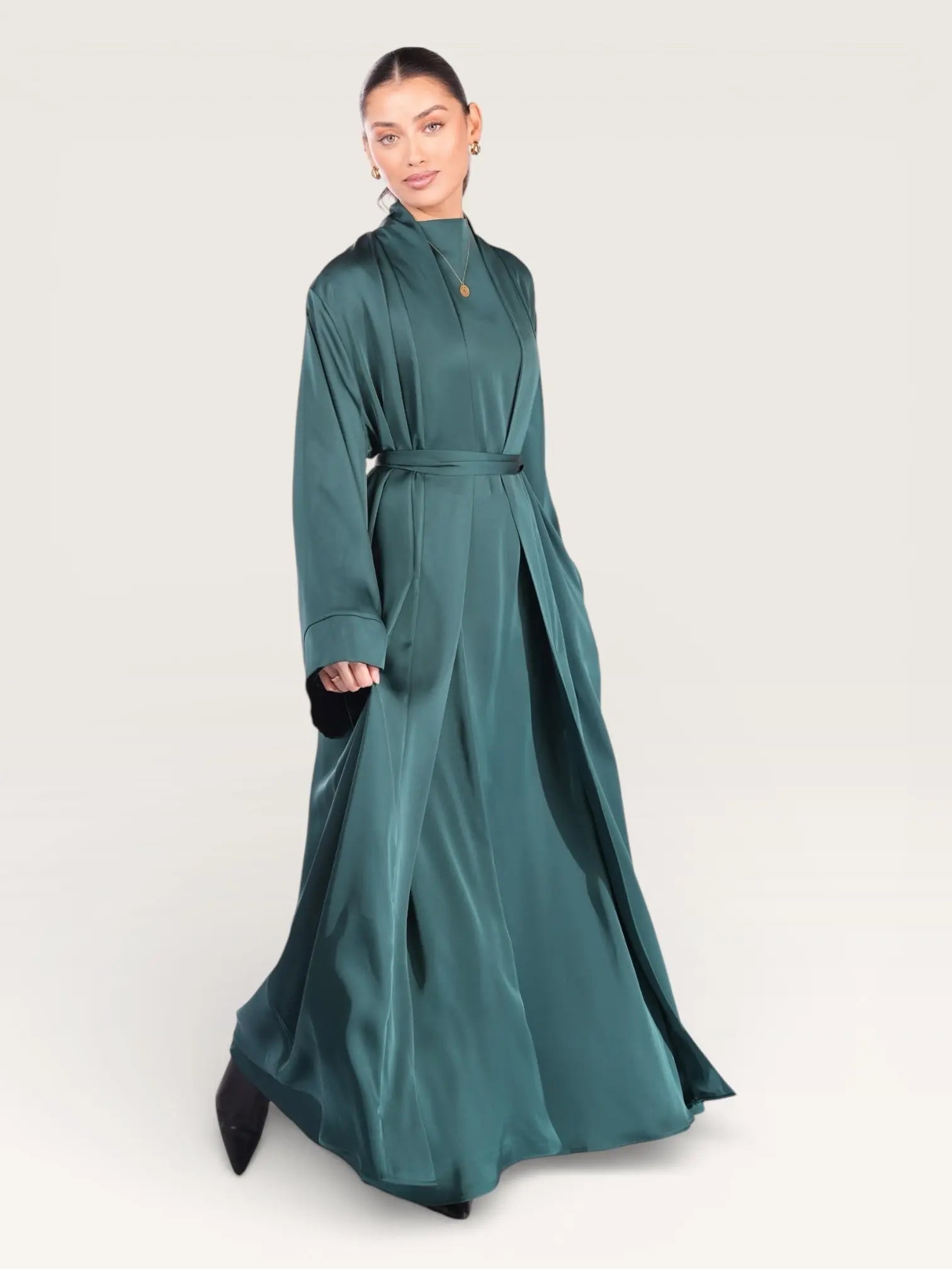 satin kimono abaya - royal green