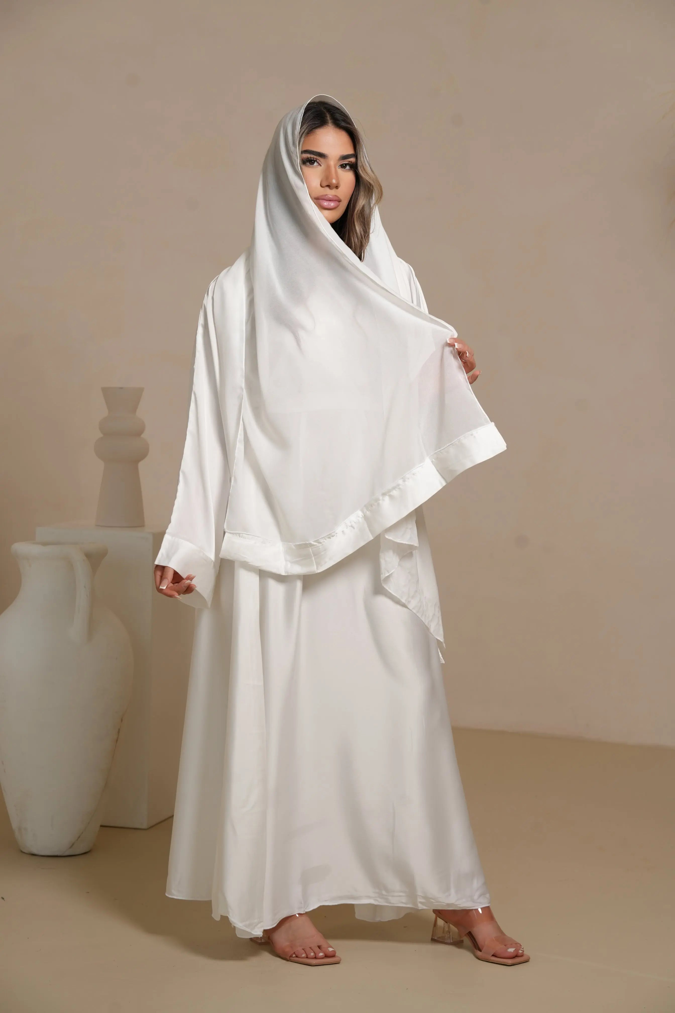 DXB Satin Abaya - white Losyana.Shop
