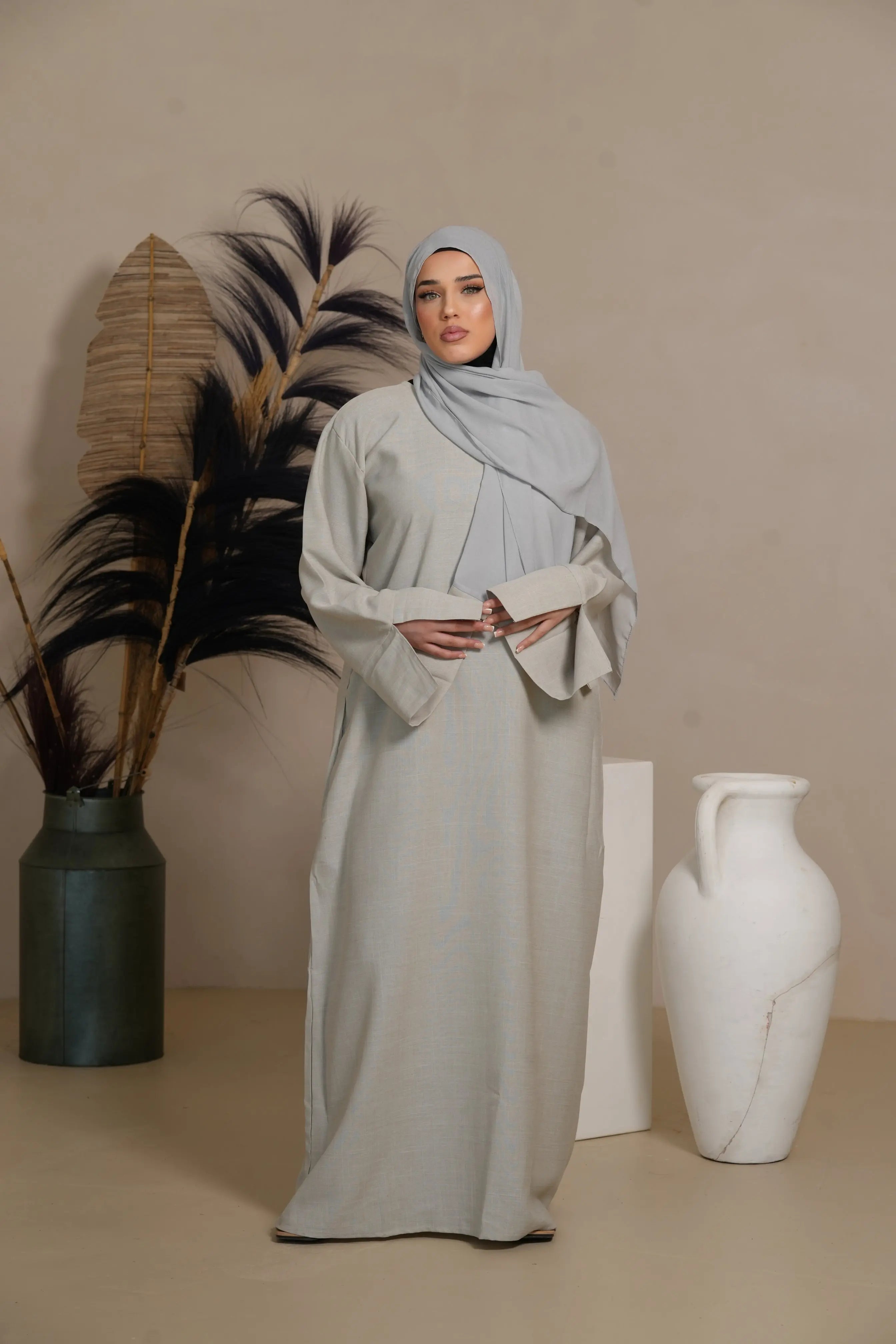Base Linen Abaya - ashy beige Losyana.Shop