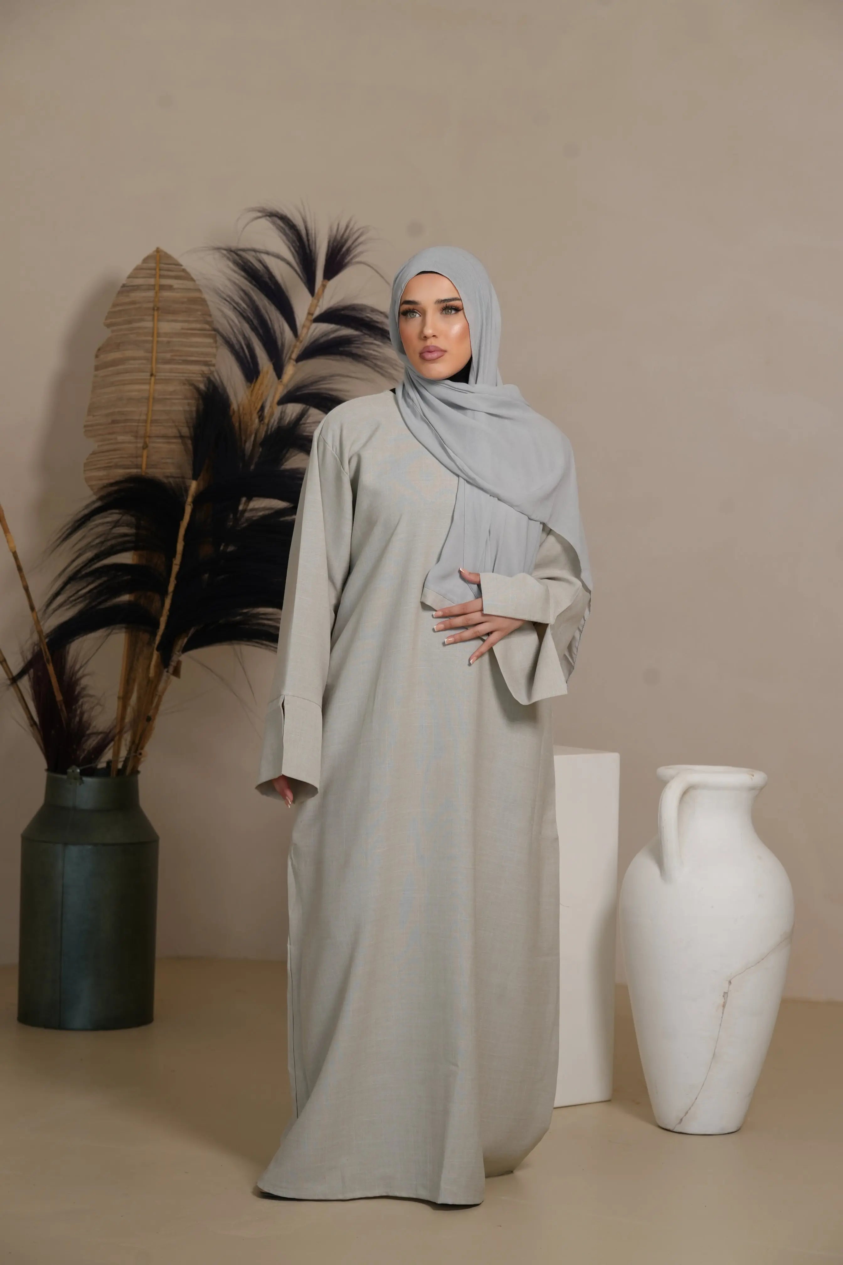 Base Linen Abaya - ashy beige Losyana.Shop