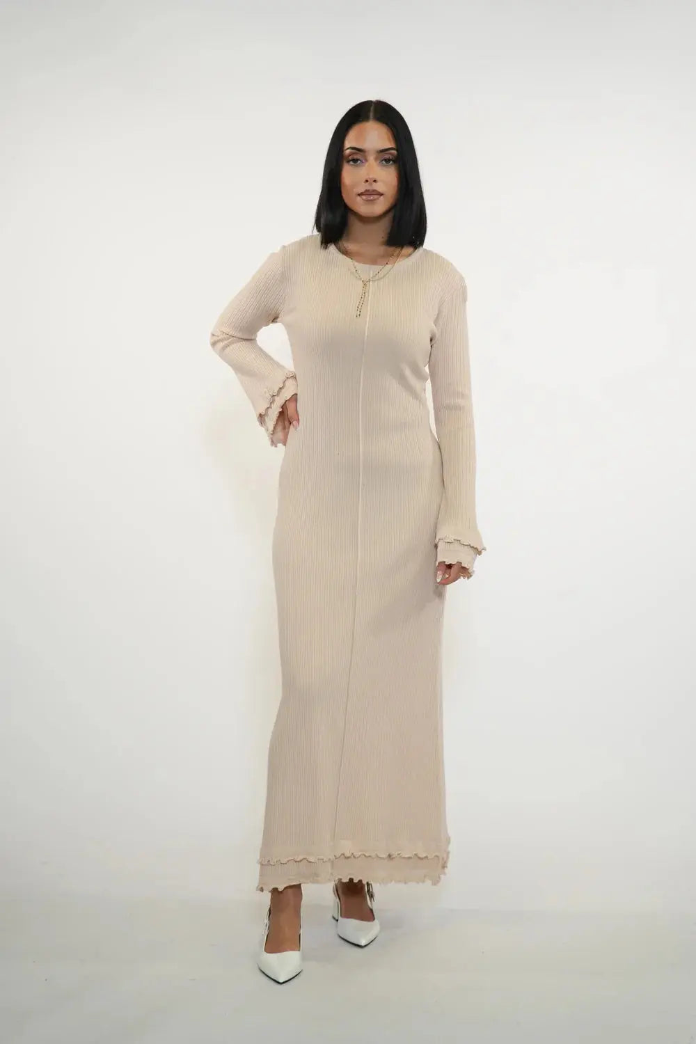 RUFFLED MAXI DRESS - BEIGE Losyana.nl