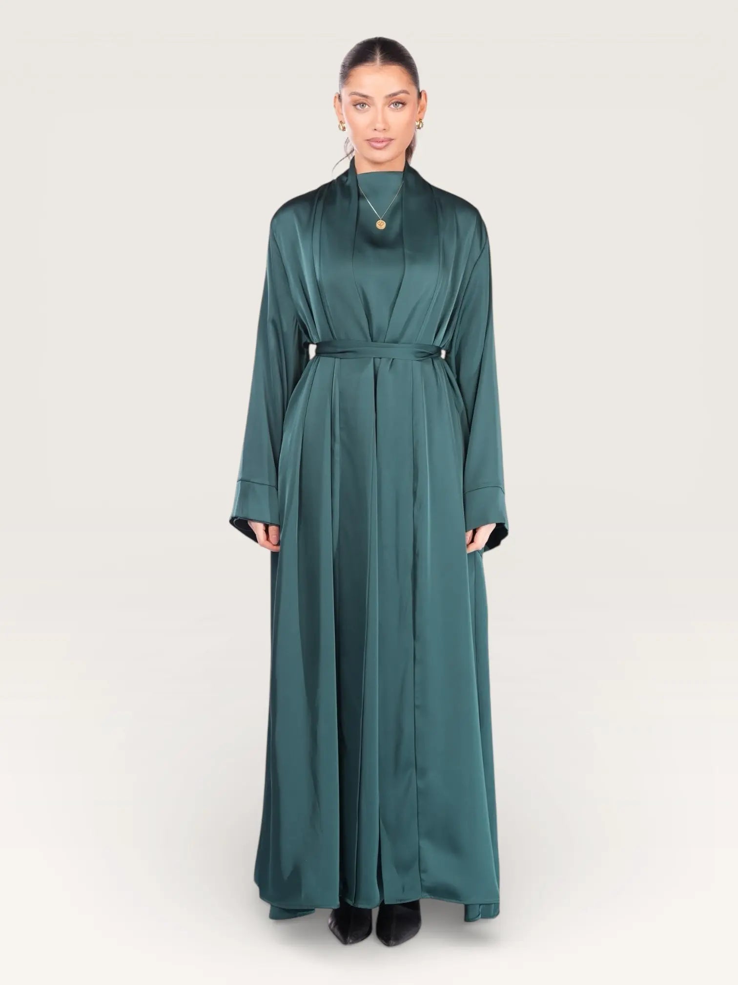 satin kimono abaya - royal green
